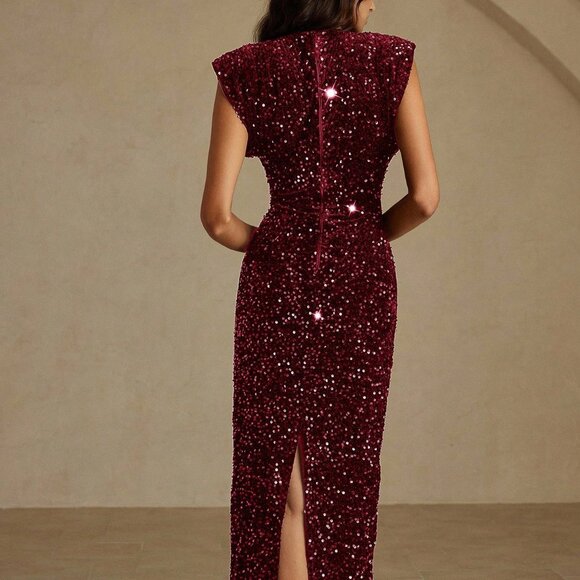 Burgundy Preppy Women's Velvet Sequin Party Dress with Metal Buckle - Picture 4 of 6